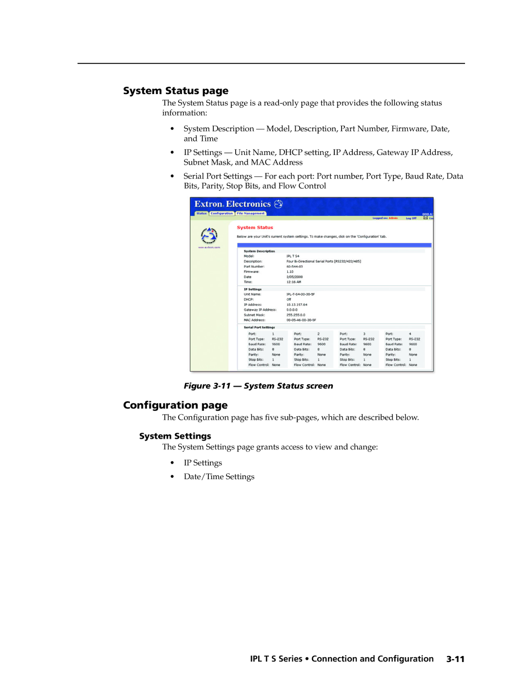 Extron electronic IPL T S manual System Status, Configuration, System Settings 