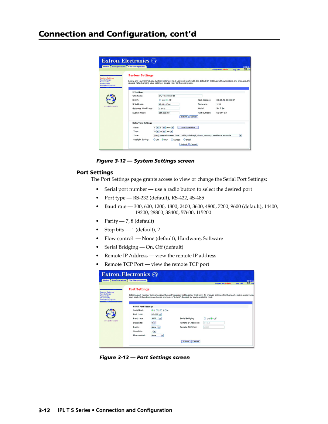 Extron electronic IPL T S manual System Settings screen, Port Settings 