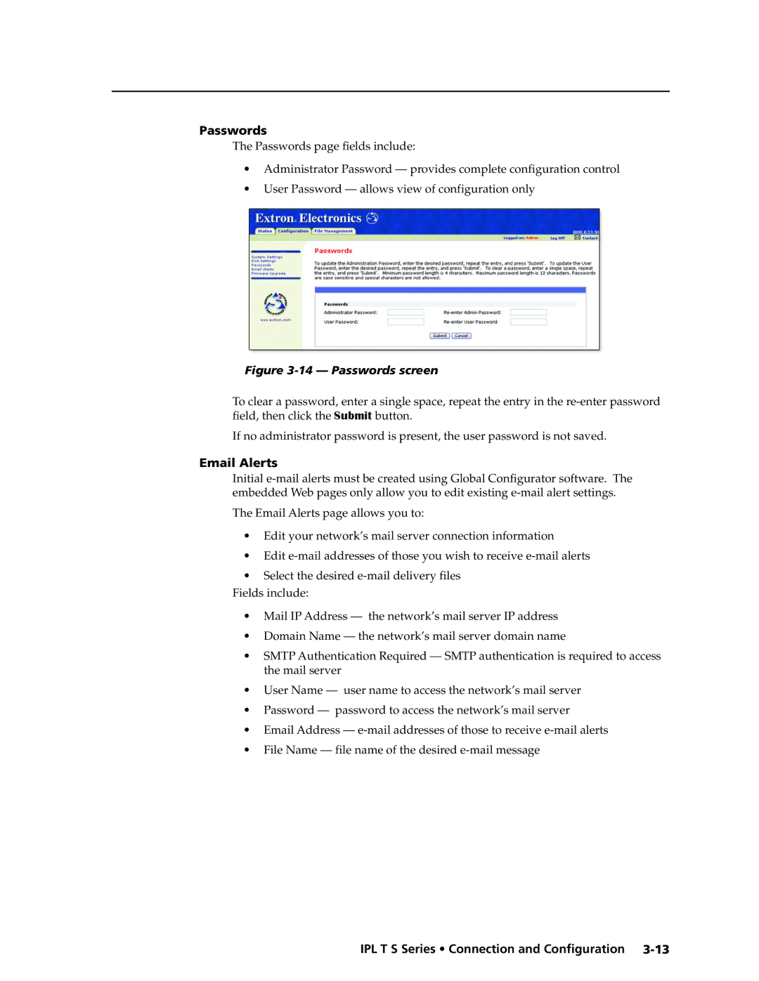 Extron electronic IPL T S manual Passwords, Email Alerts 