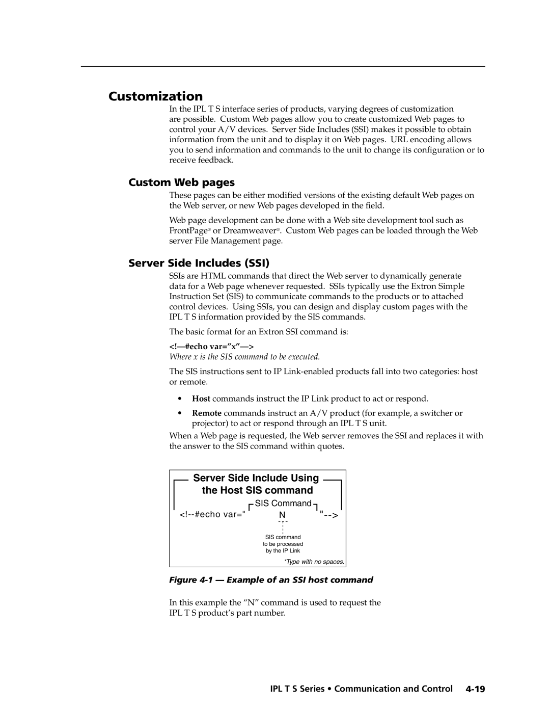 Extron electronic IPL T S manual Customization, Custom Web pages, Server Side Includes SSI 