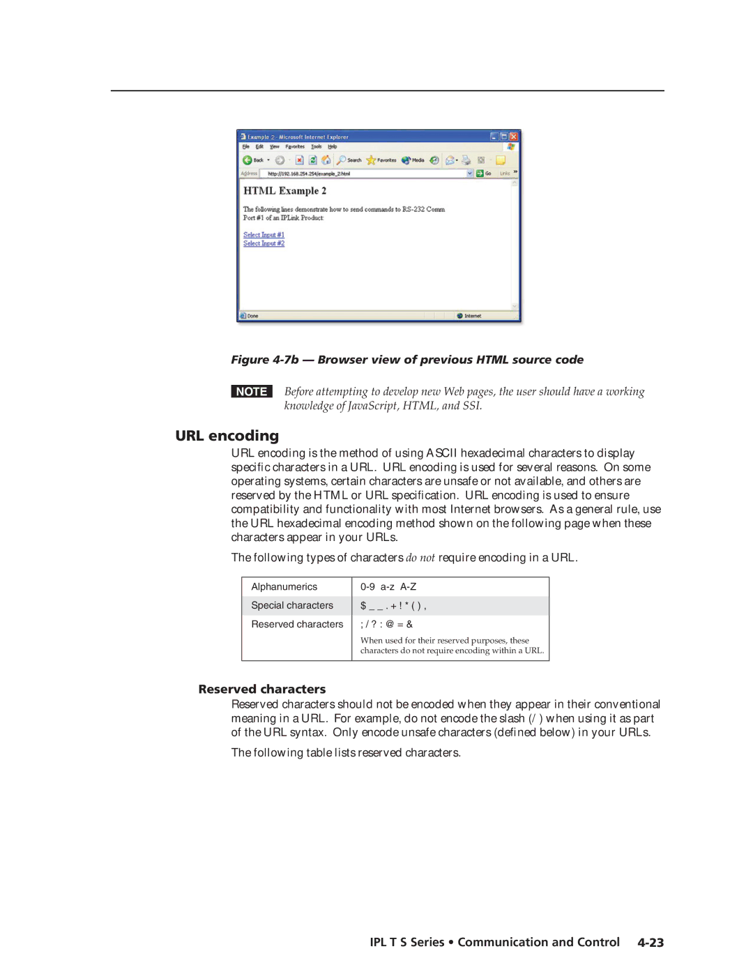 Extron electronic IPL T S manual URL encoding, Reserved characters 