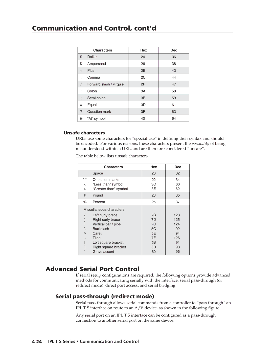 Extron electronic IPL T S manual Advanced Serial Port Control, Serial pass-through redirect mode, Unsafe characters 
