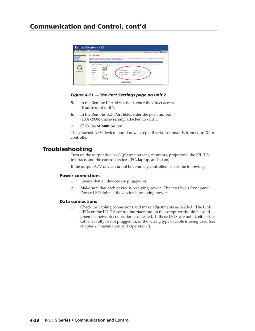 Extron electronic IPL T S manual Troubleshooting, Power connections, Data connections 