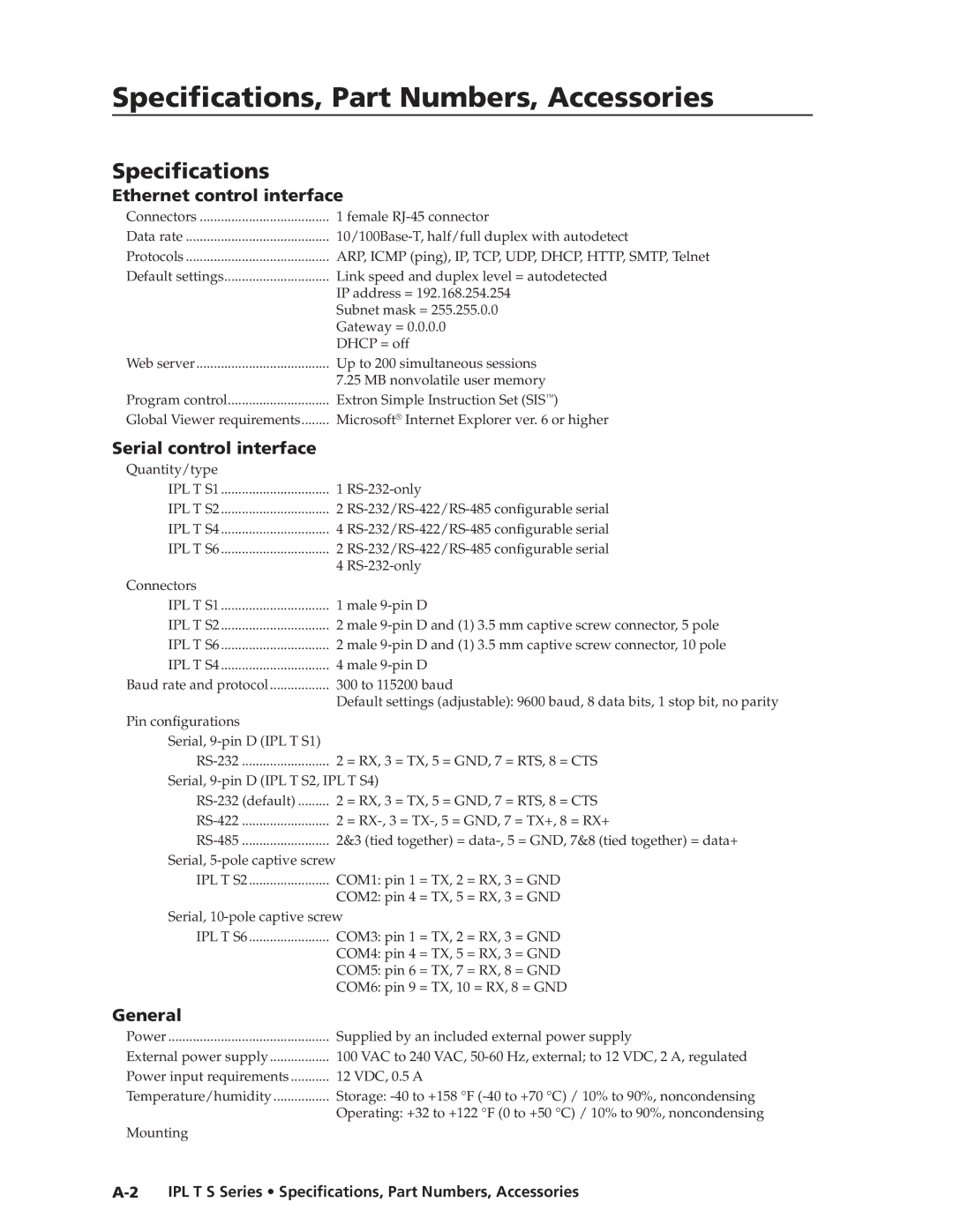 Extron electronic IPL T S manual Specifications, Part Numbers, Accessories 