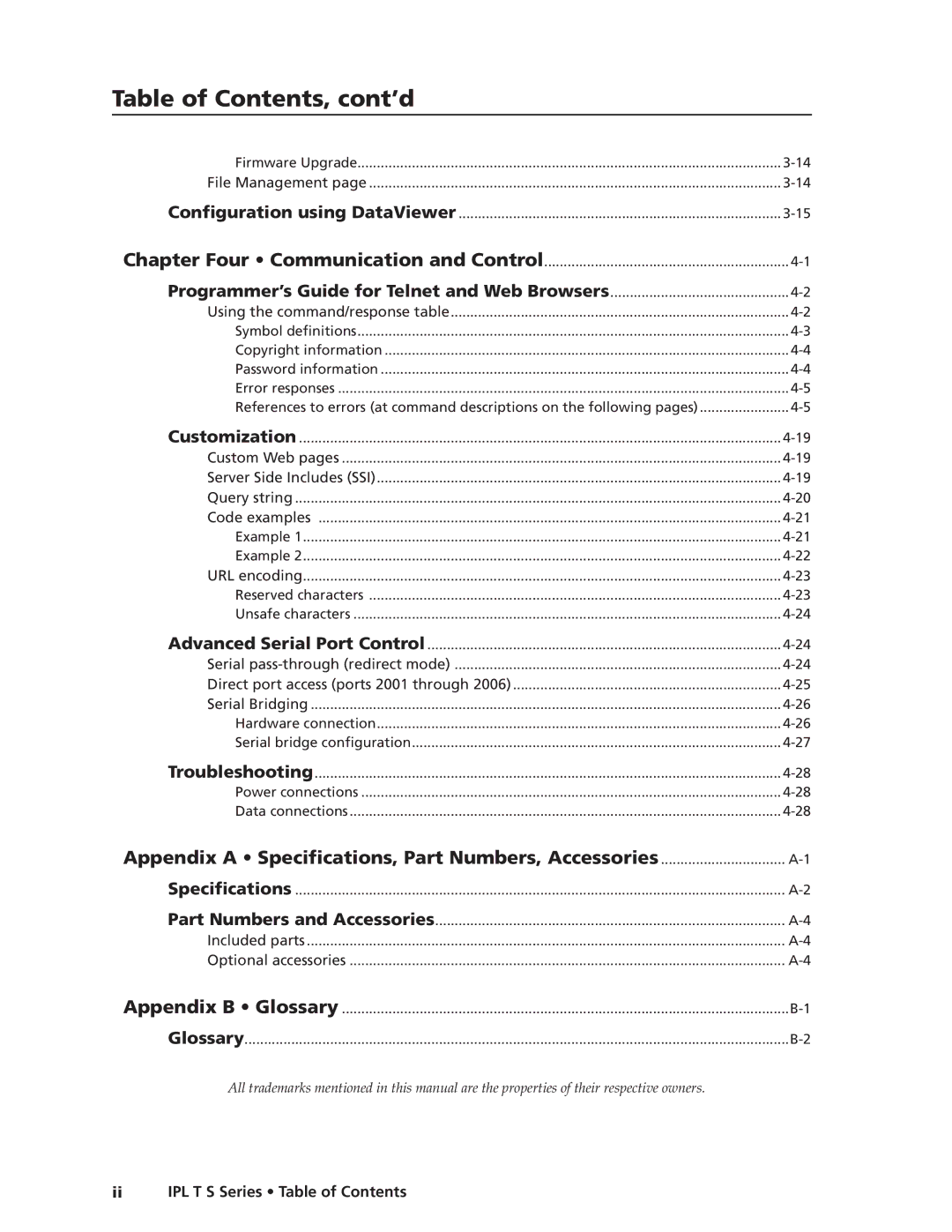 Extron electronic IPL T S manual Table of Contents, cont’d 