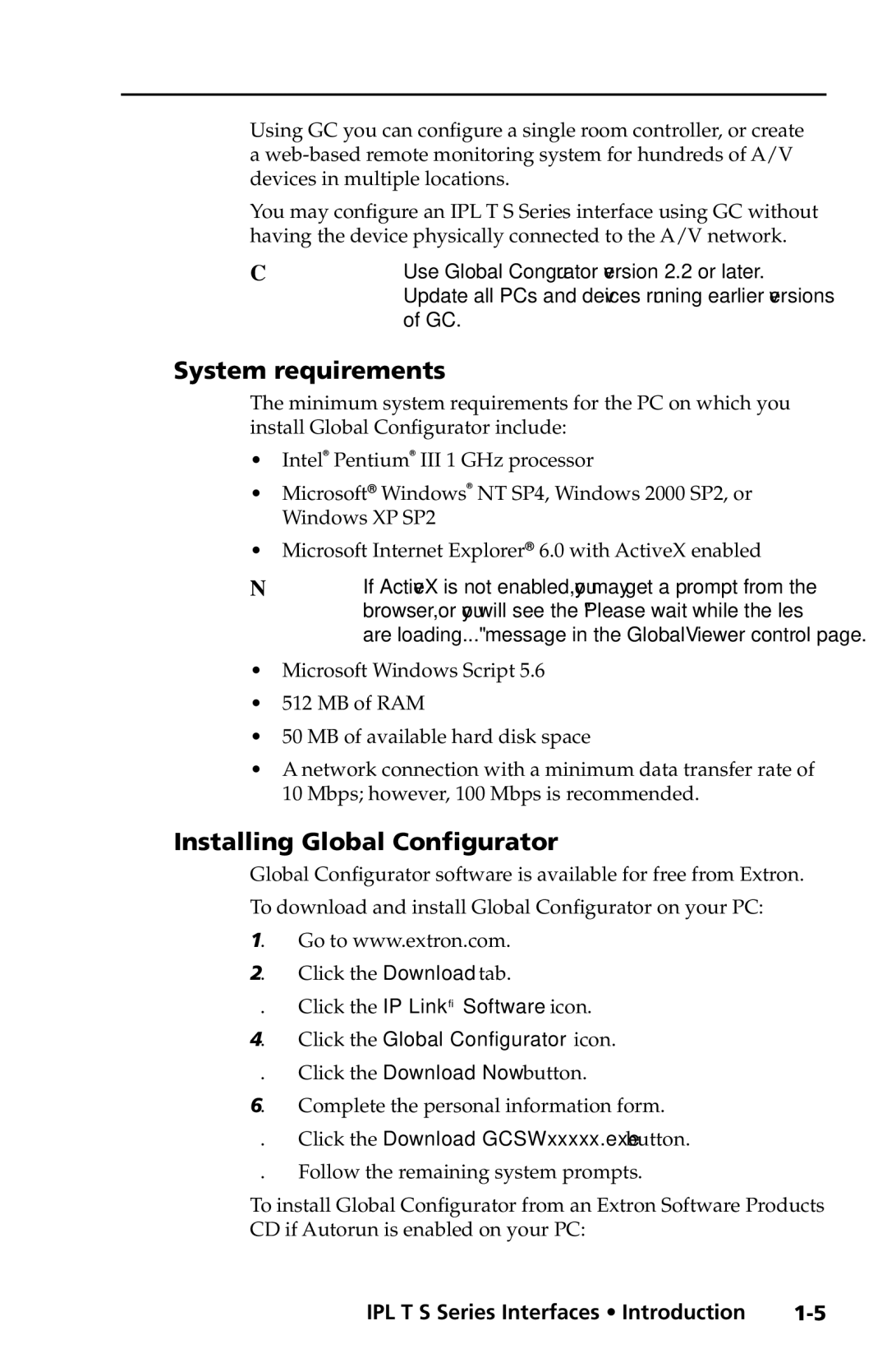 Extron electronic IPL T S2 System requirements, Installing Global Configurator, Click the Global Configurator icon 