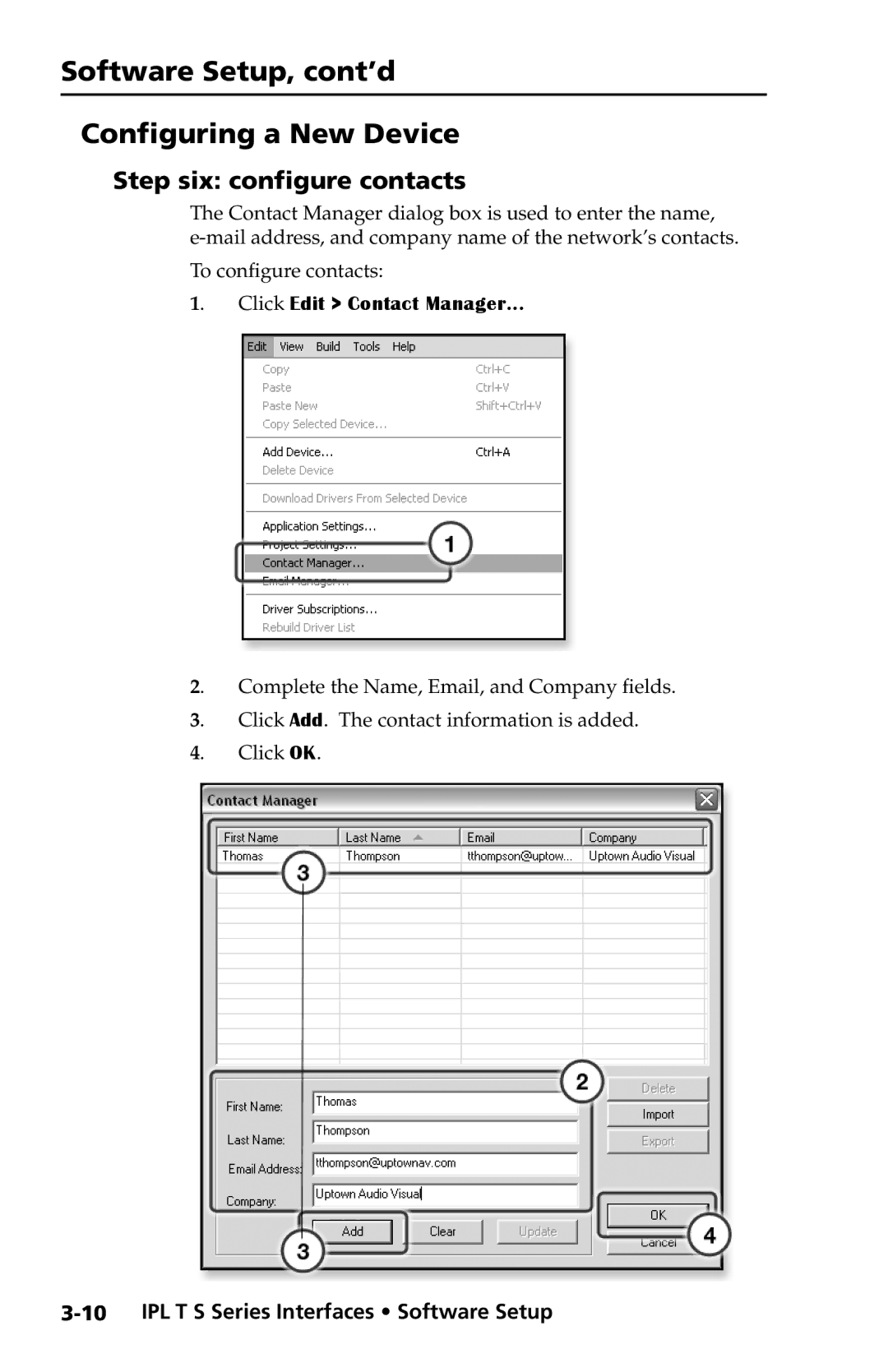 Extron electronic IPL T S6, IPL T S4, IPL T S1 Software Setup, cont’d Configuring a New Device, Step six configure contacts 