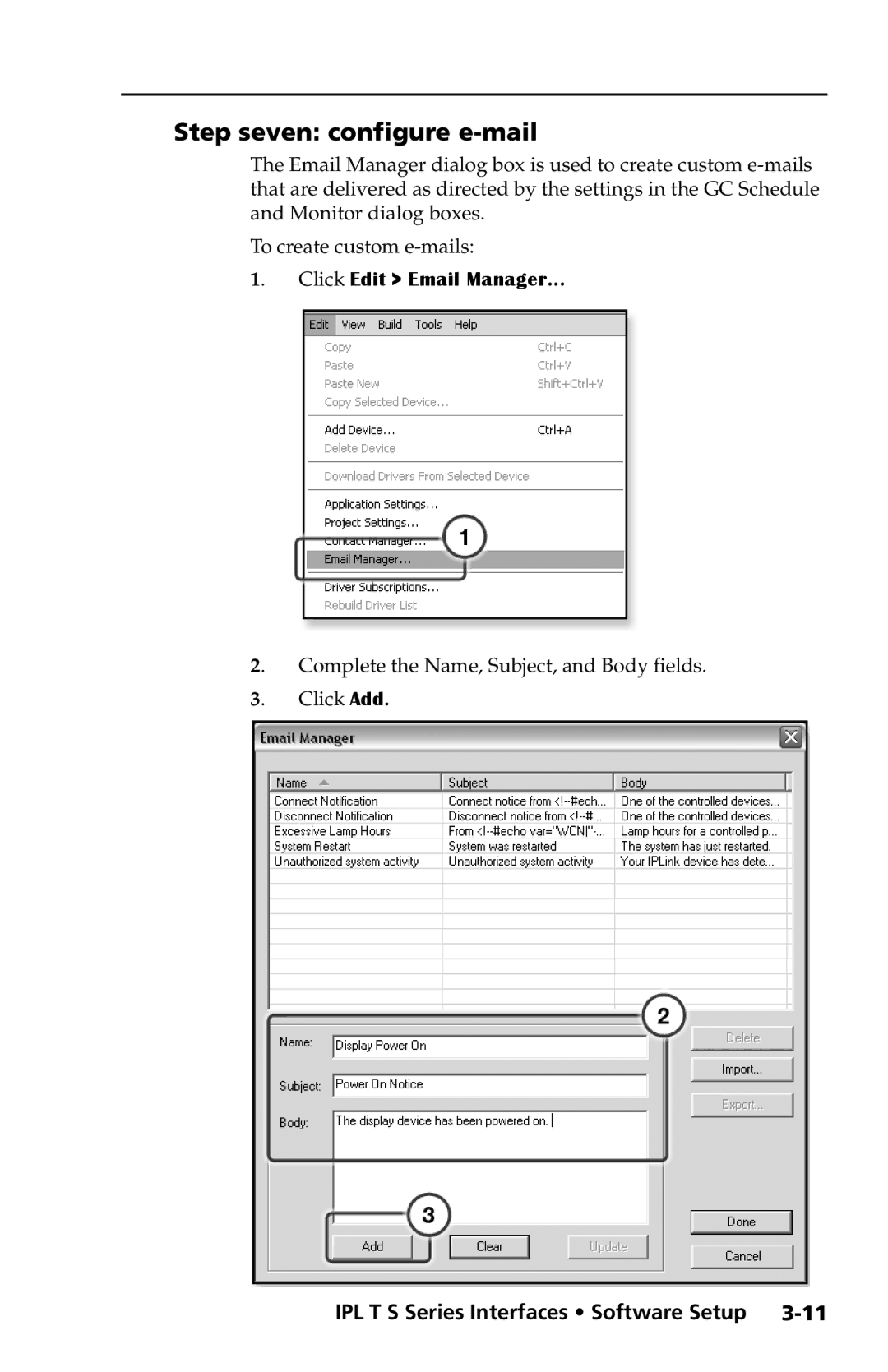 Extron electronic IPL T S2, IPL T S4, IPL T S1, IPL T S6 setup guide Step seven configure e-mail, Click Edit Email Manager 