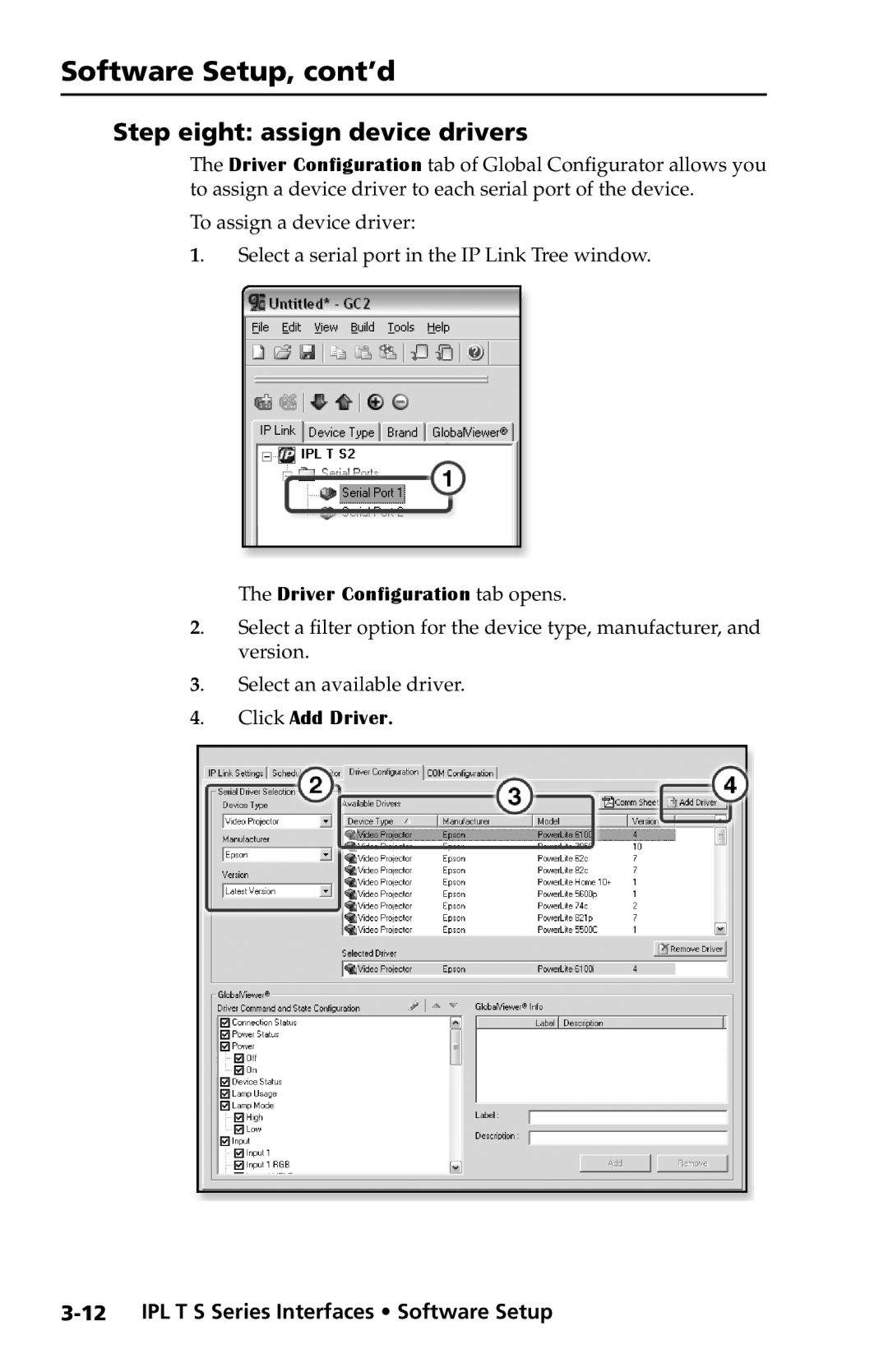 Extron electronic IPL T S4, IPL T S1 Step eight assign device drivers, Driver Configuration tab opens, Click Add Driver 