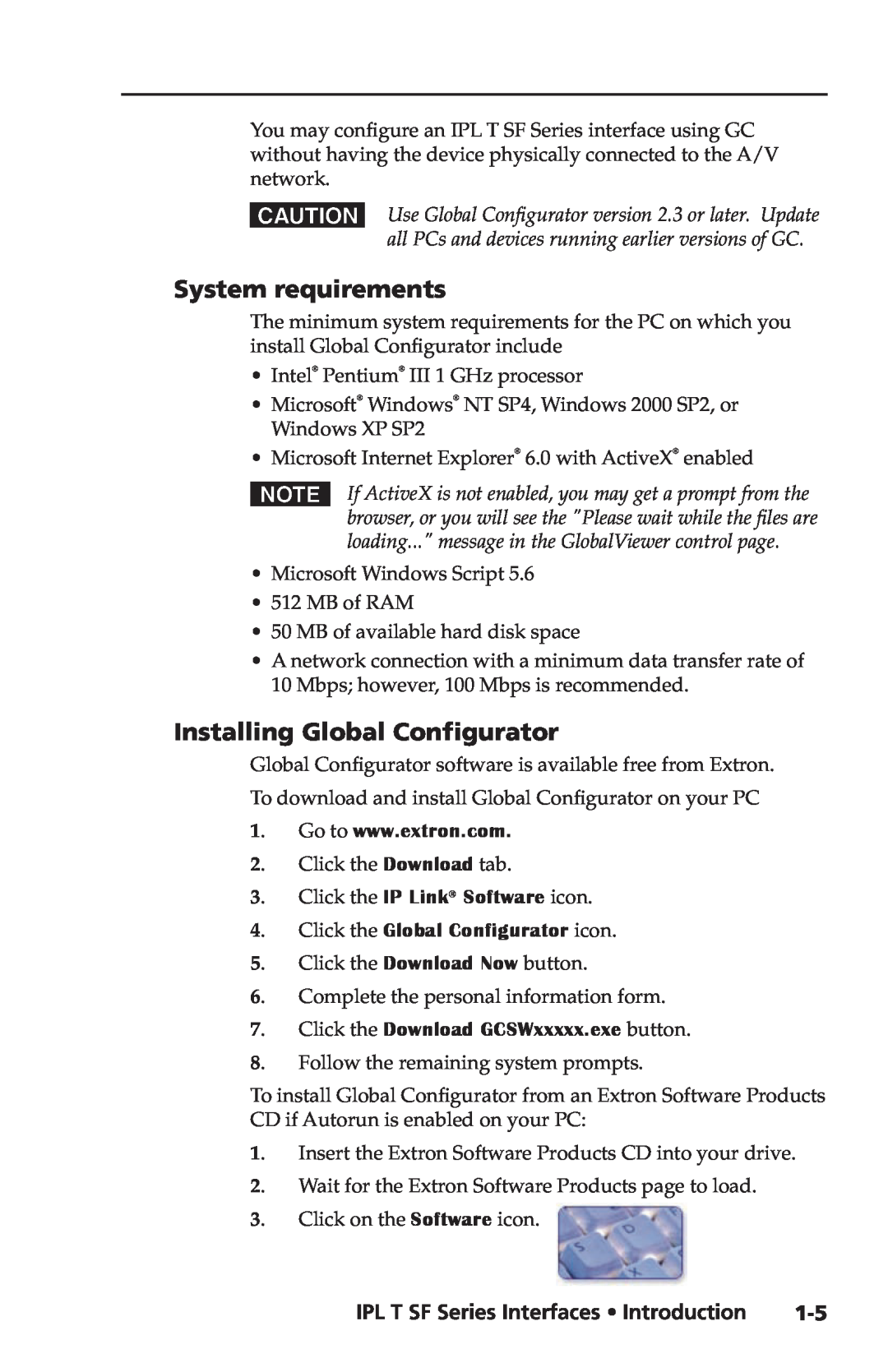 Extron electronic IPL T SF Series System requirements, Installing Global Configurator, Click the Global Configurator icon 