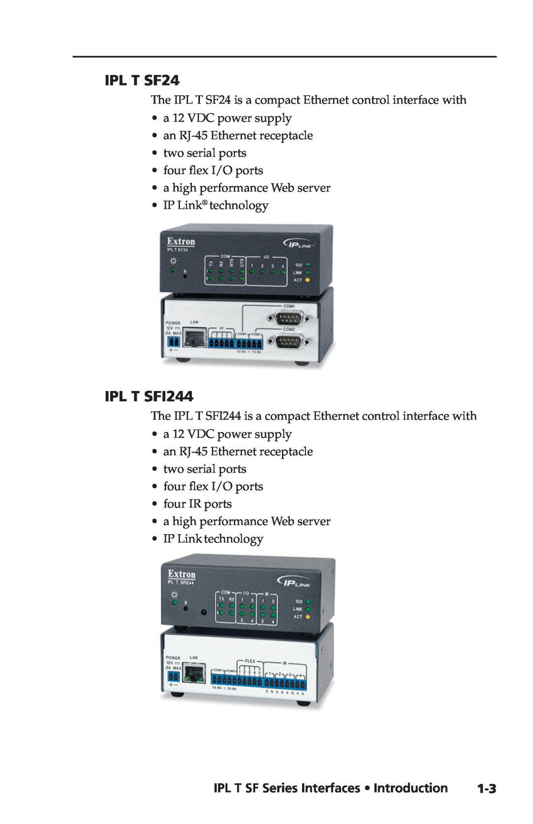 Extron electronic setup guide IPL T SF24, IPL T SFI244, IPL T SF Series Interfaces Introduction 