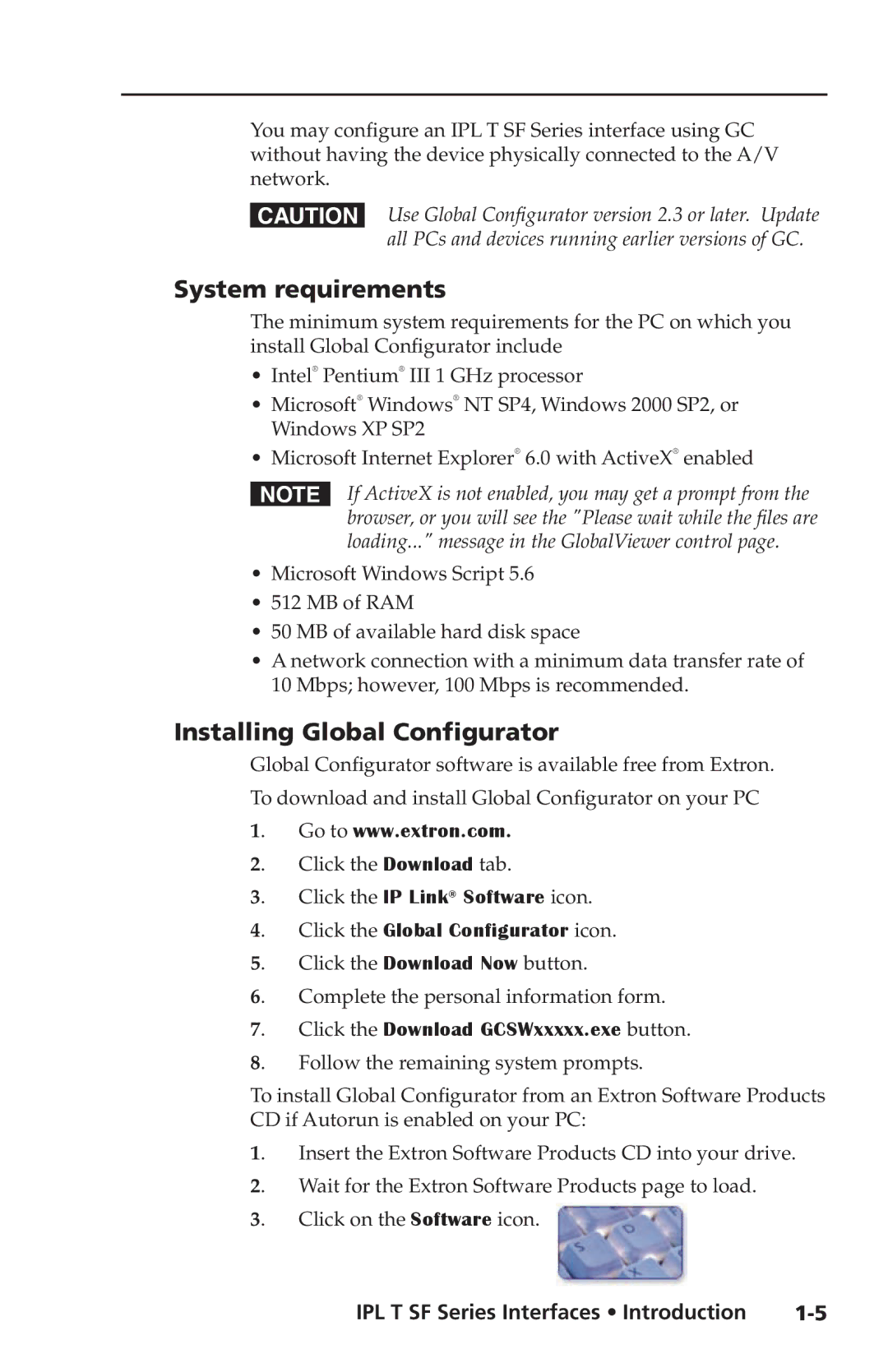 Extron electronic IPL T SF Series System requirements, Installing Global Configurator, Click the Global Configurator icon 