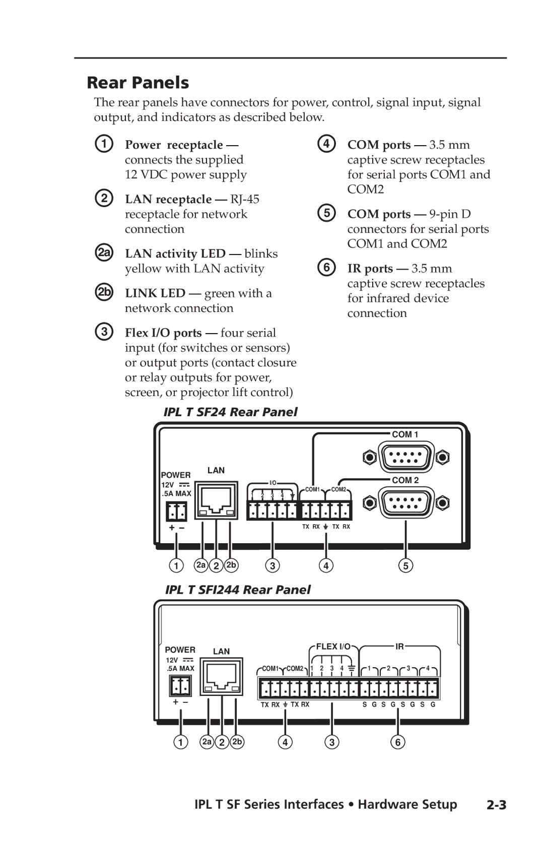 Extron electronic IPL T SF Series setup guide Rear Panels, Flex I/O ports four serial 