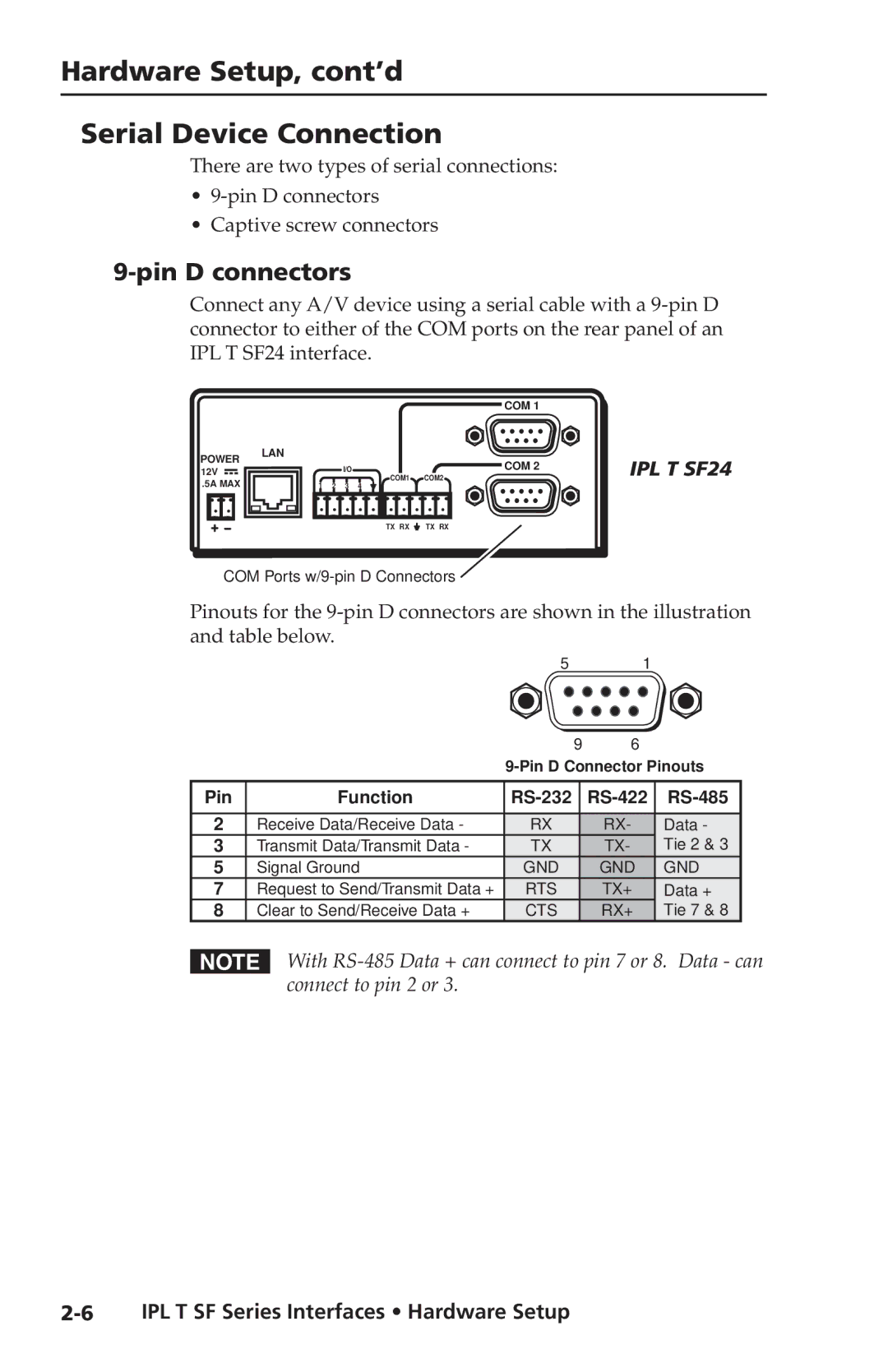 Extron electronic IPL T SF Series setup guide Hardware Setup, cont’d Serial Device Connection, Pin D connectors 