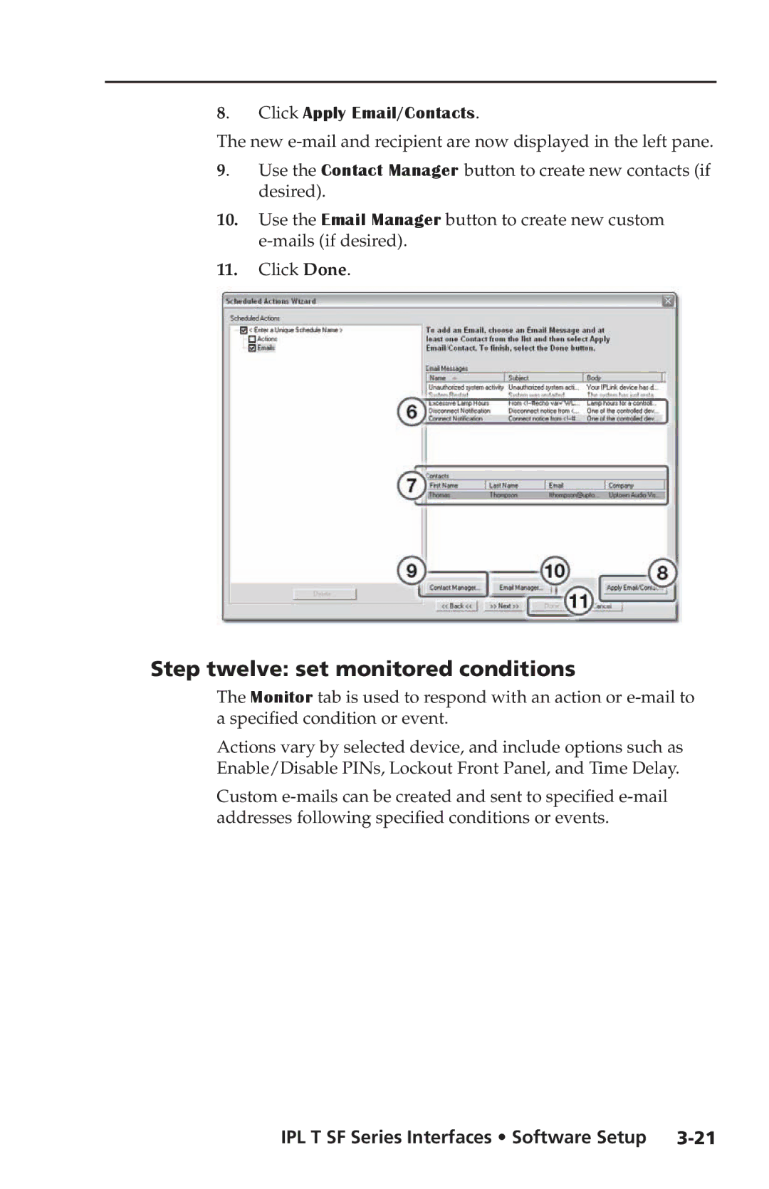 Extron electronic IPL T SF Series setup guide Step twelve set monitored conditions, Click Apply Email/Contacts 