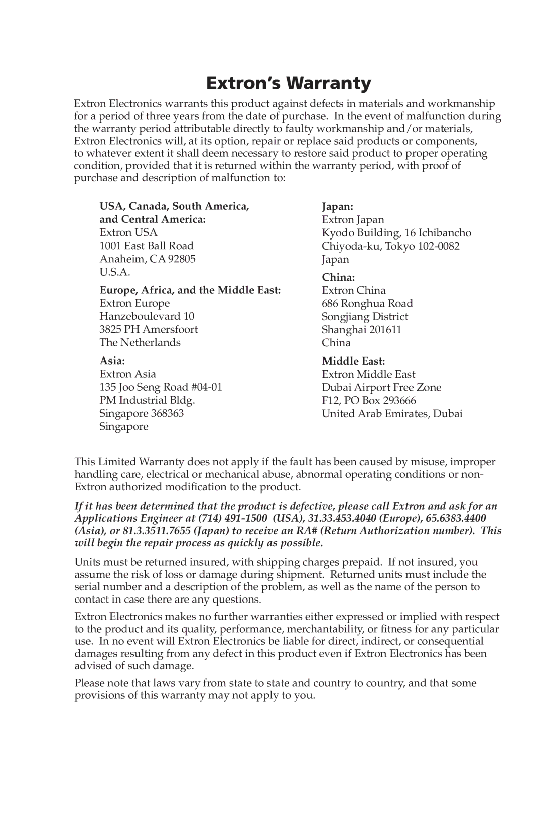 Extron electronic IPL T SF Series setup guide Extron’s Warranty, USA, Canada, South America Japan Central America 