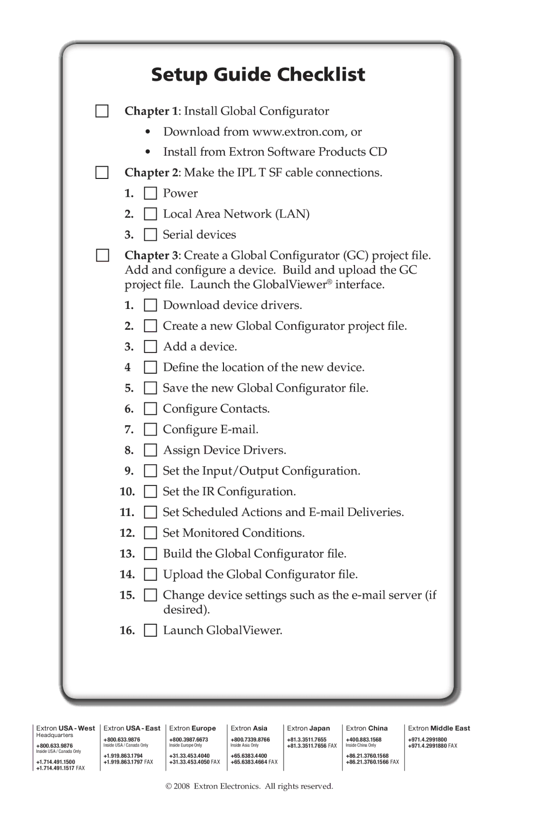 Extron electronic IPL T SF Series setup guide Setup Guide Checklist 