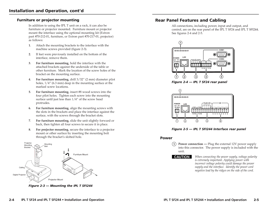 Extron electronic IPL T SF24, SFI244 Series Installation and Operation, cont’d, Rear Panel Features and Cabling, Power 