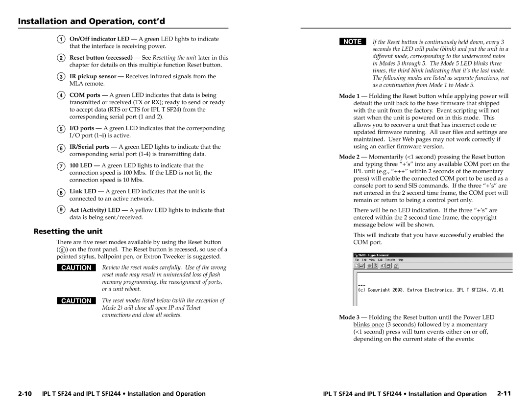 Extron electronic SFI244 Series, IPL T SF24 user manual Resetting the unit 