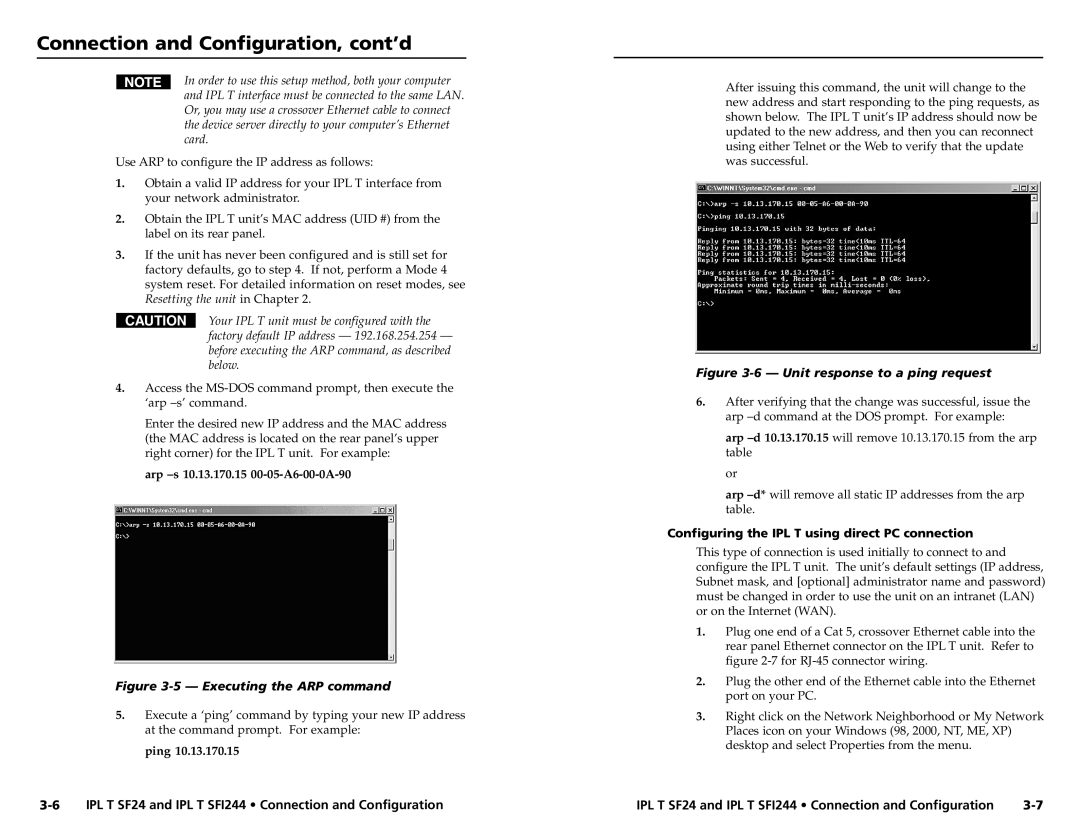 Extron electronic SFI244 Series, IPL T SF24 user manual Arp -s 10.13.170.15 00-05-A6-00-0A-90, Ping 