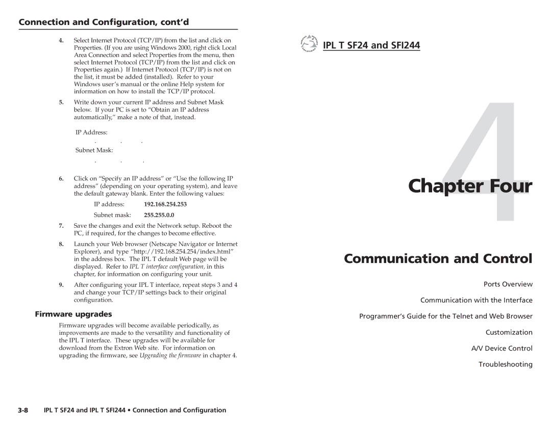 Extron electronic IPL T SF24 Four, Communication and Control, Connection and Configuration, cont’d, Firmware upgrades 