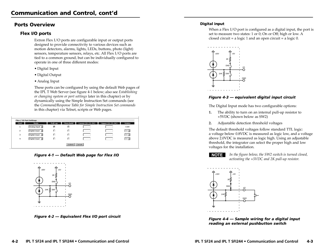 Extron electronic SFI244 Series Communication and Control, cont’d, Ports Overview, Flex I/O ports, Digital input 