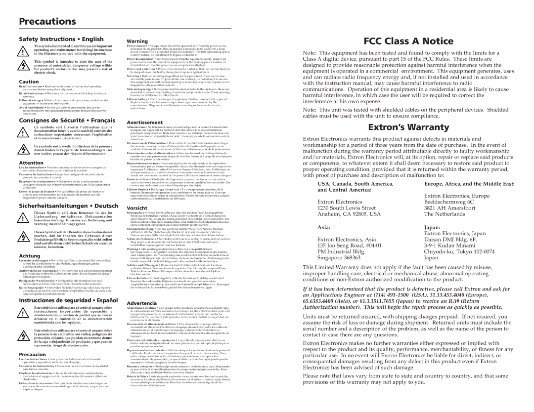 Extron electronic IPL T SF24, SFI244 Series user manual Precautions, FCC Class a Notice, Extron’s Warranty 