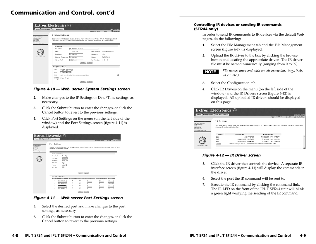 Extron electronic IPL T SF24 Web server System Settings screen, Controlling IR devices or sending IR commands SFI244 only 