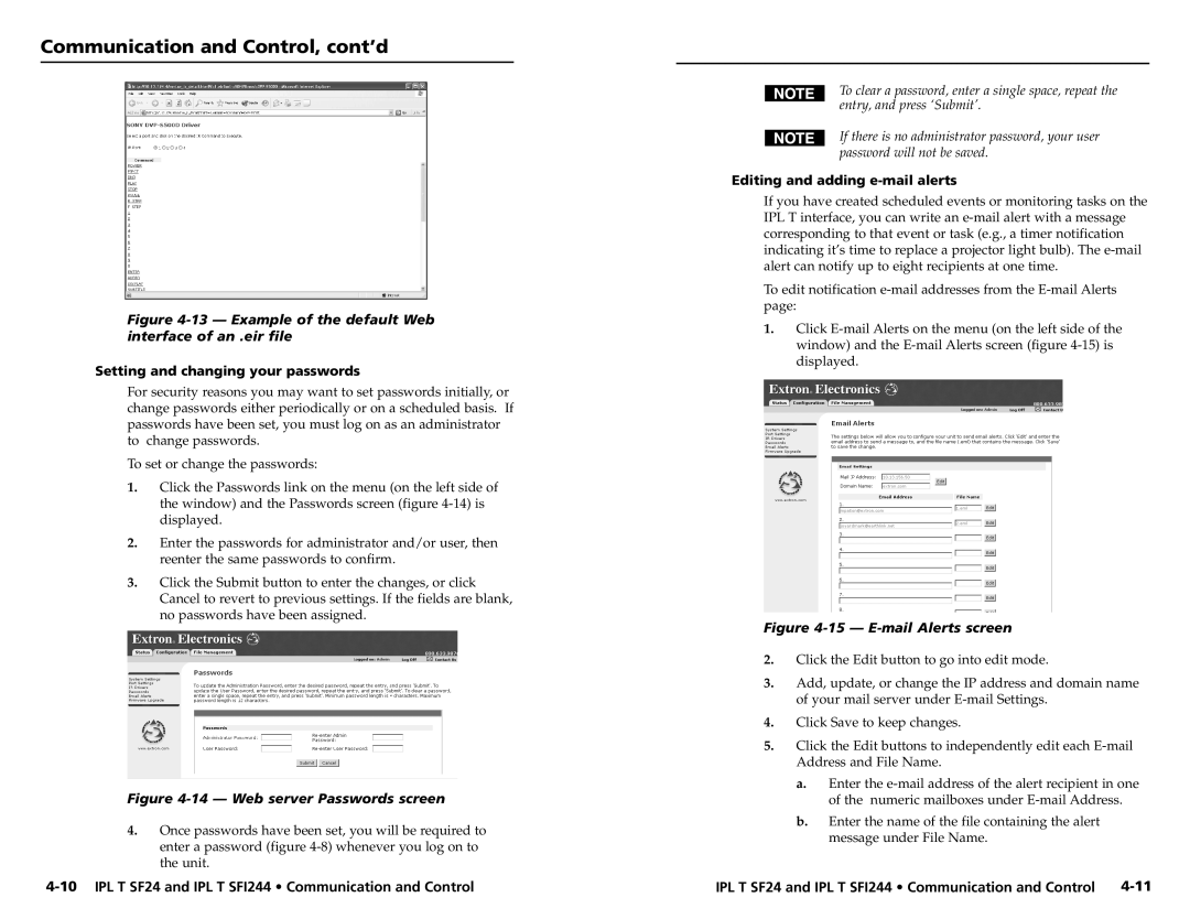 Extron electronic SFI244 Series, IPL T SF24 Communication and Control, cont’d, Setting and changing your passwords 