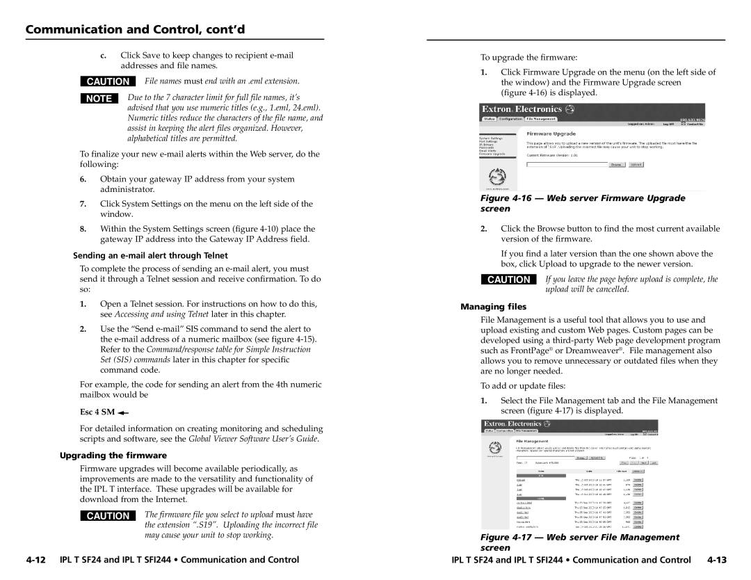 Extron electronic IPL T SF24 Sending an e-mail alert through Telnet, Esc 4 SM, Upgrading the firmware, Managing files 
