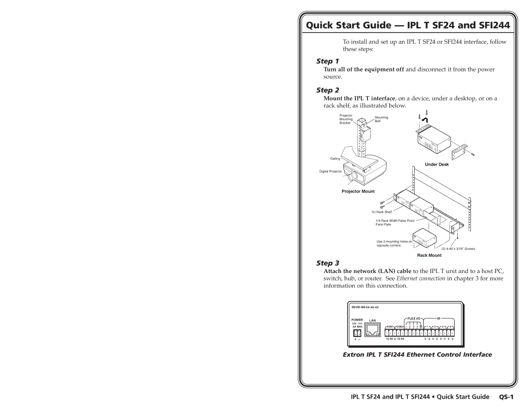 Extron electronic SFI244 Series user manual Quick Start Guide IPL T SF24 and SFI244, Under Desk Projector Mount 