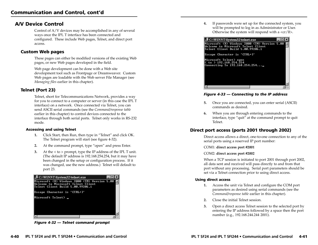 Extron electronic IPL T SF24 user manual Communication and Control, cont’d Device Control, Custom Web pages, Telnet Port 