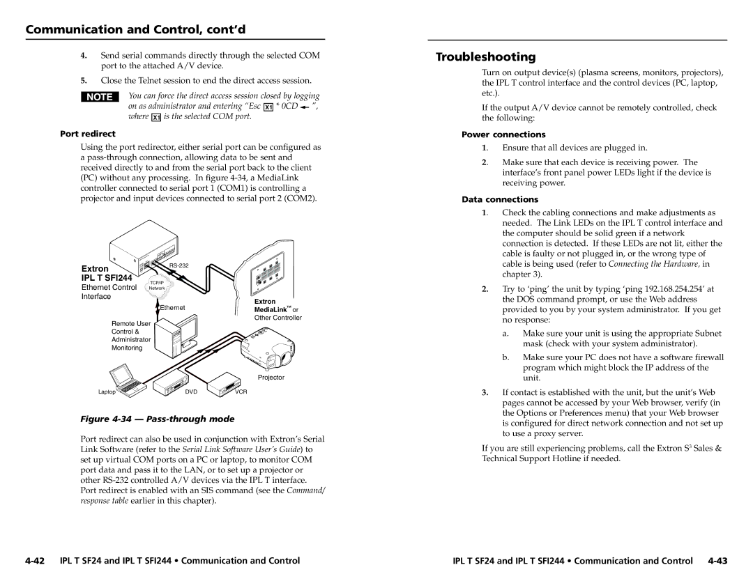 Extron electronic SFI244 Series, IPL T SF24 user manual Troubleshooting, Port redirect, Power connections, Data connections 