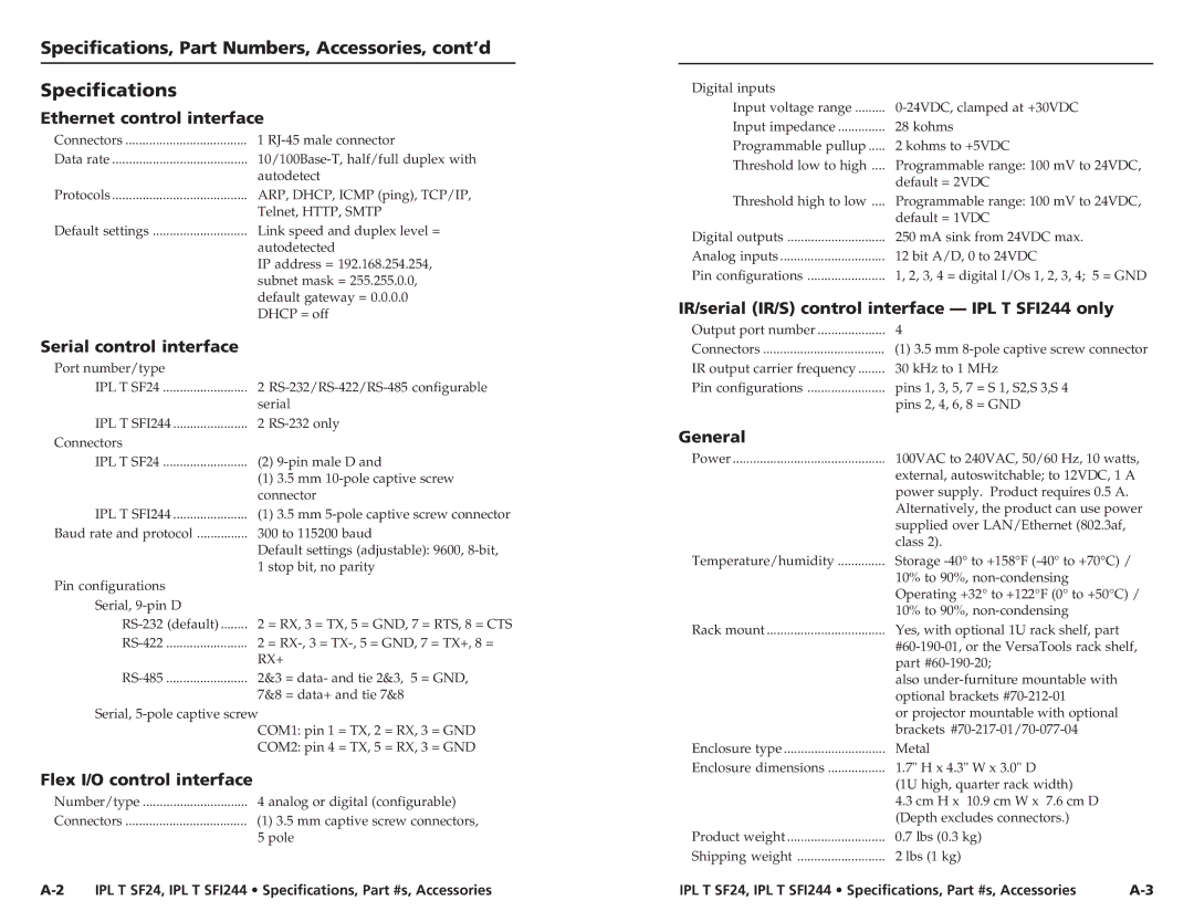 Extron electronic SFI244 Series, IPL T SF24 user manual Specifications 