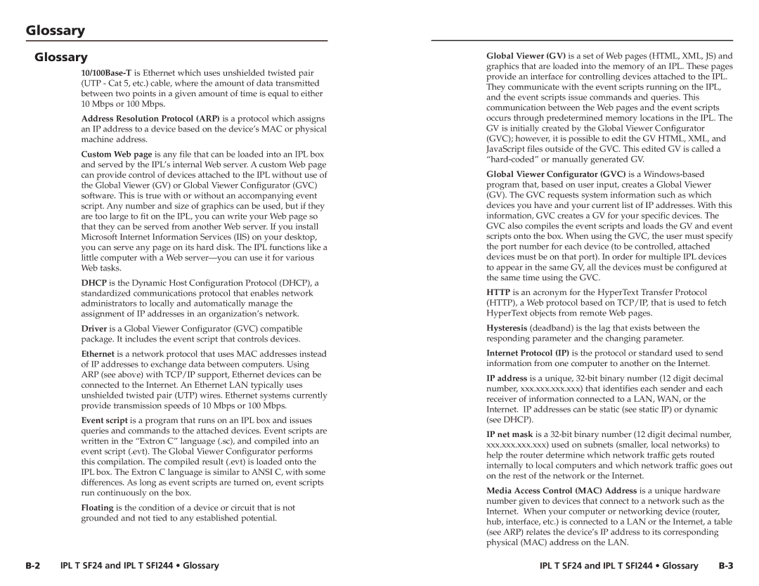 Extron electronic SFI244 Series, IPL T SF24 user manual Glossary 