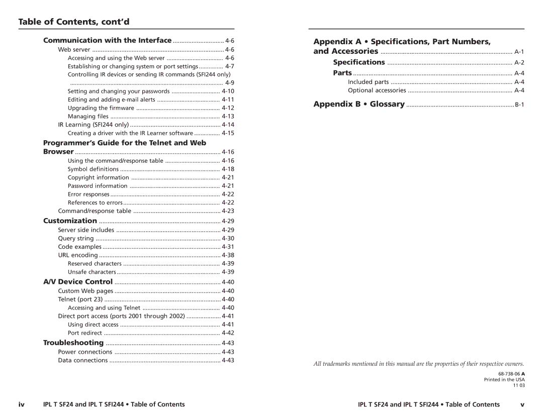 Extron electronic SFI244 Series, IPL T SF24 user manual Table of Contents, cont’d 