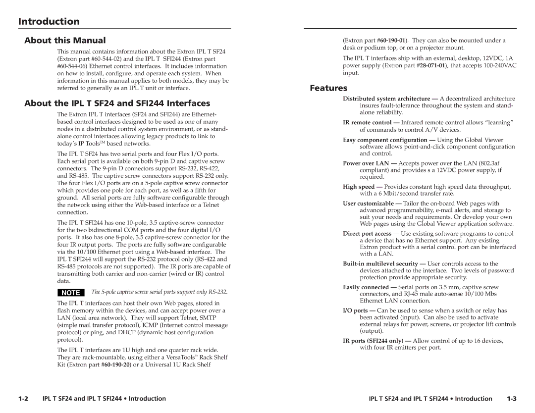 Extron electronic SFI244 Series Introduction, About this Manual, About the IPL T SF24 and SFI244 Interfaces, Features 