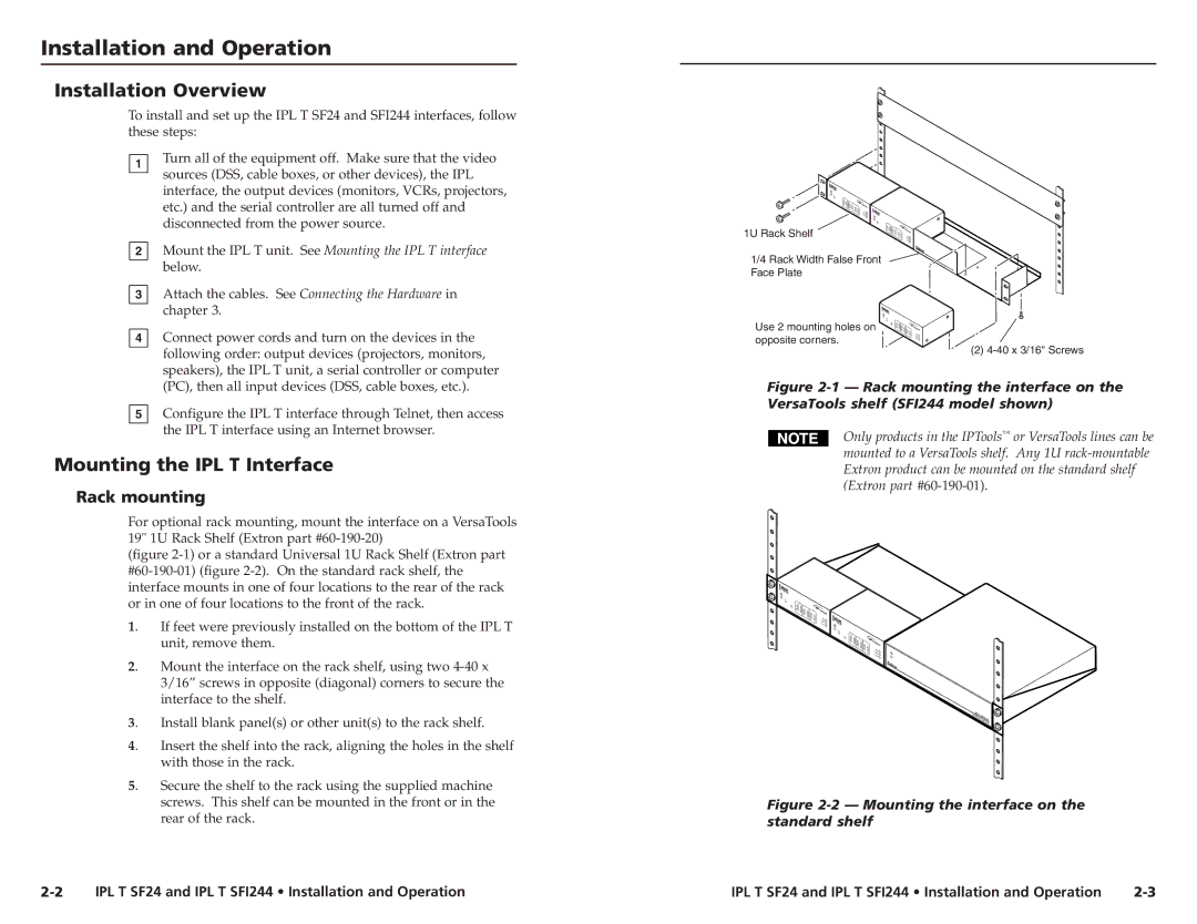 Extron electronic SFI244 Series user manual Installation and Operation, Installation Overview, Mounting the IPL T Interface 