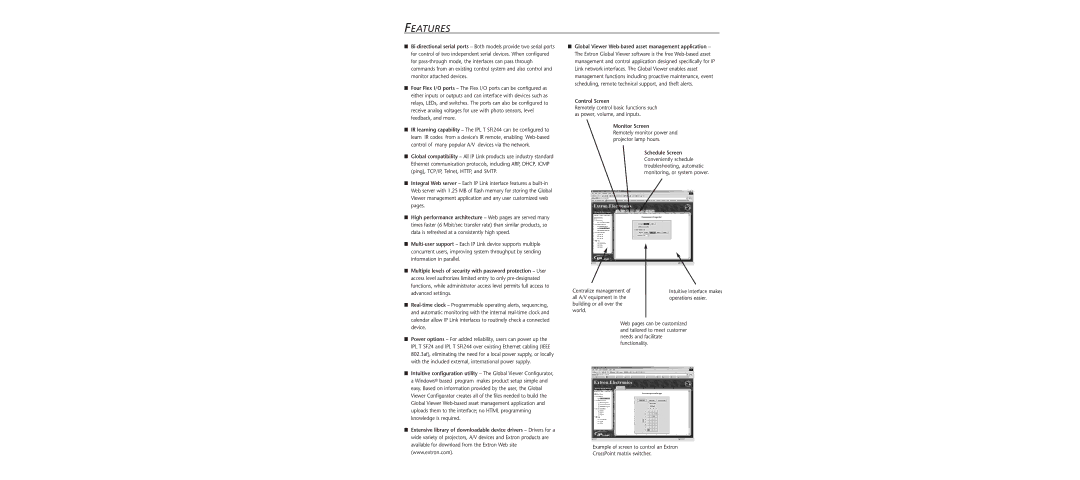 Extron electronic IPL T SF2 Features, Control Screen, Monitor Screen, Remotely monitor power and projector lamp hours 