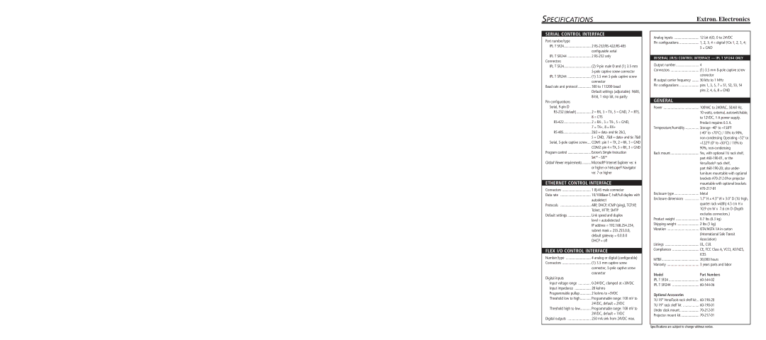 Extron electronic IPL T SFI244, IPL T SF2 manual Specifications, Model Part Numbers, Optional Accessories 