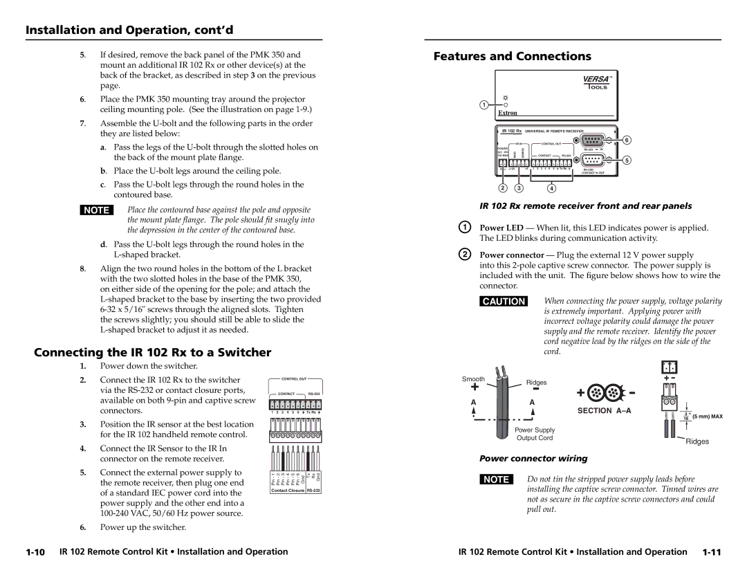 Extron electronic user manual Features and Connections, Connecting the IR 102 Rx to a Switcher, Power connector wiring 