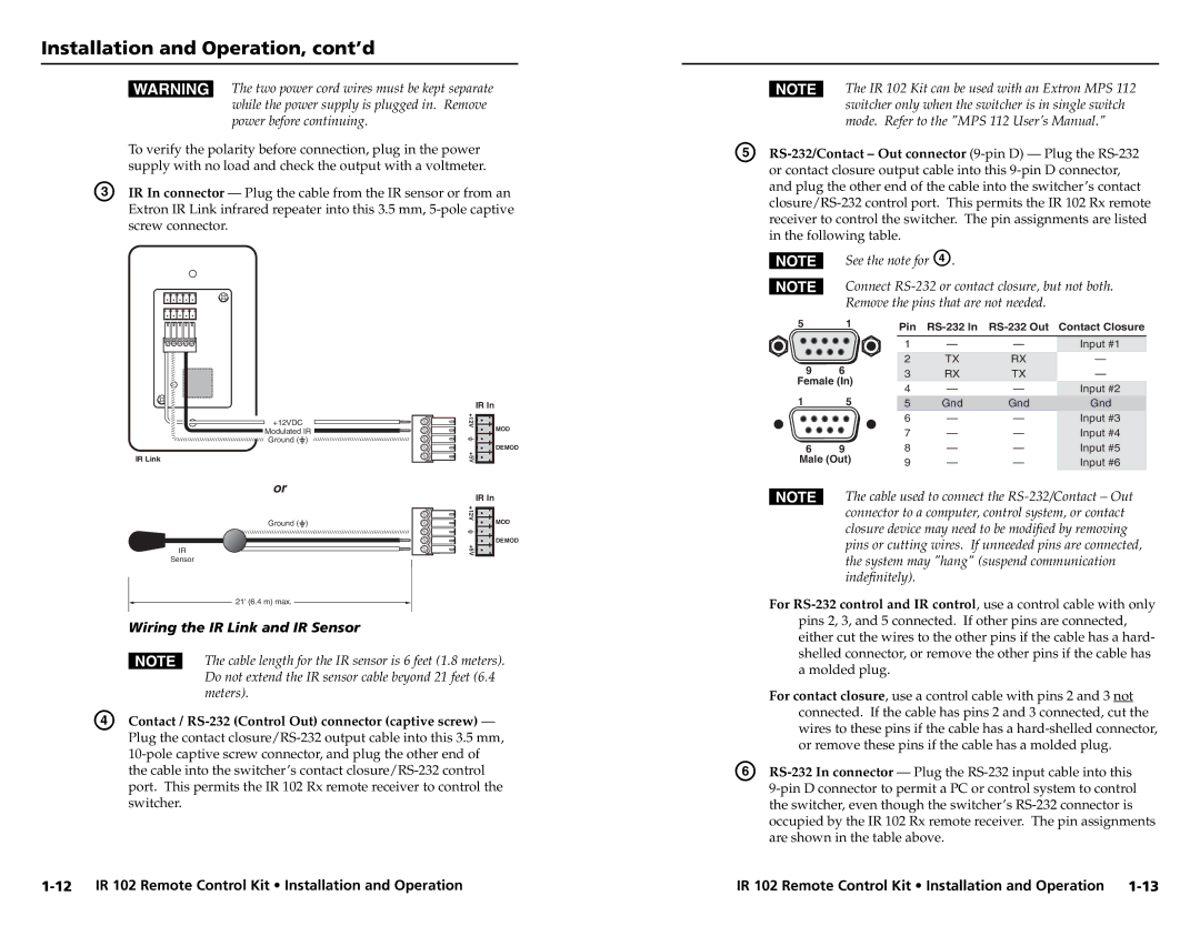 Extron electronic IR 102 user manual Wiring the IR Link and IR Sensor 