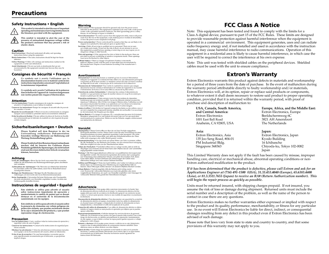 Extron electronic IR 102 user manual Precautions, FCC Class a Notice, Extron’s Warranty 