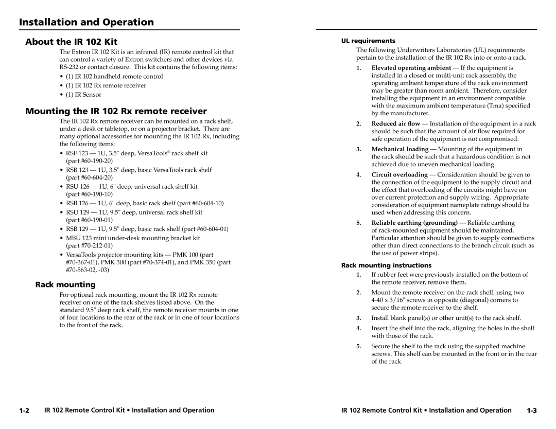 Extron electronic user manual Installation and Operation, About the IR 102 Kit, Mounting the IR 102 Rx remote receiver 