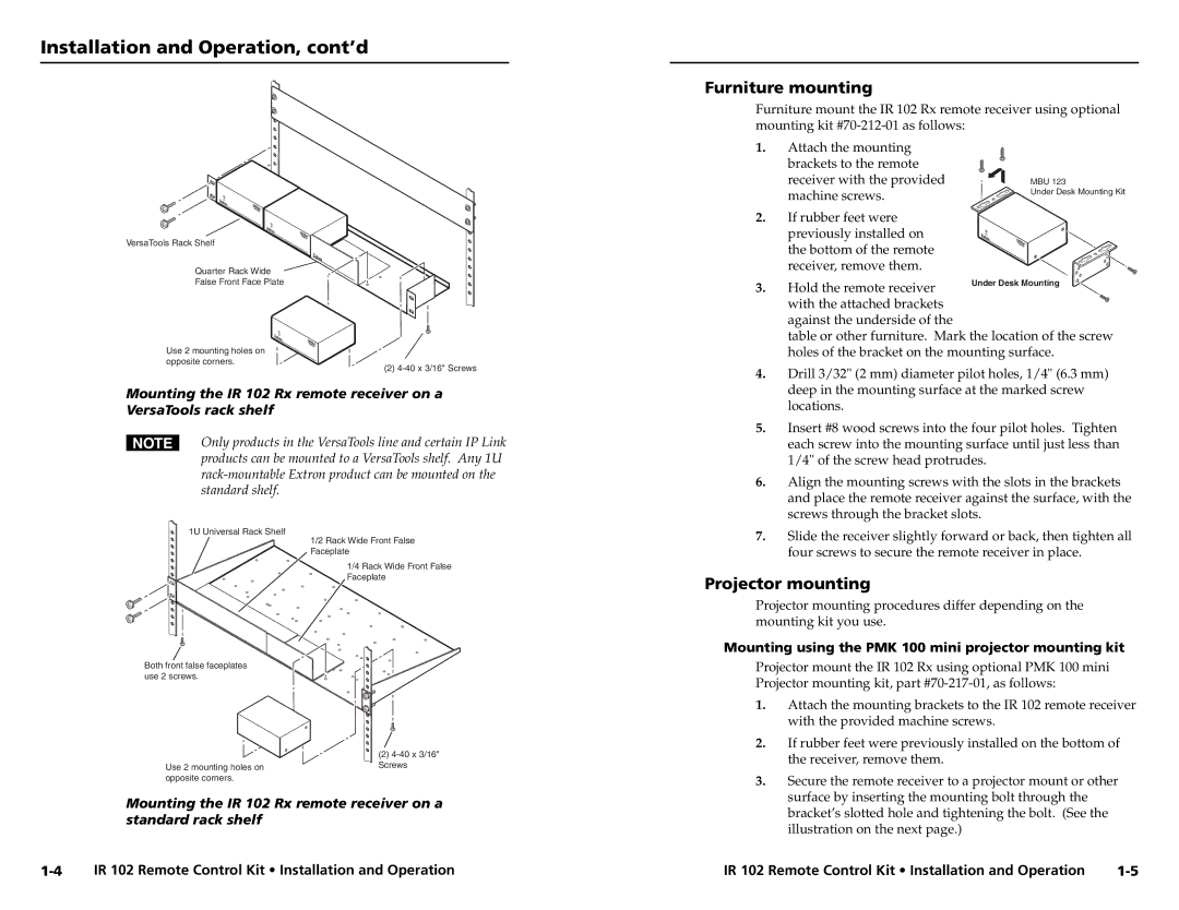 Extron electronic IR 102 user manual Installation and Operation, cont’d, Furniture mounting, Projector mounting 