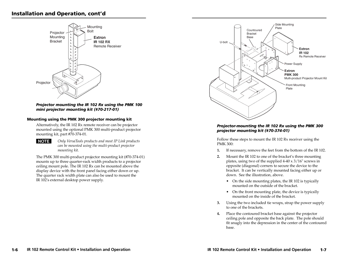 Extron electronic IR 102 user manual Mounting using the PMK 300 projector mounting kit 