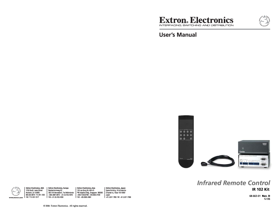 Extron electronic user manual IR 102 Kit, Infrared Remote Control, 68-663-01 Rev. D, Extron Electronics, USA, Japan 