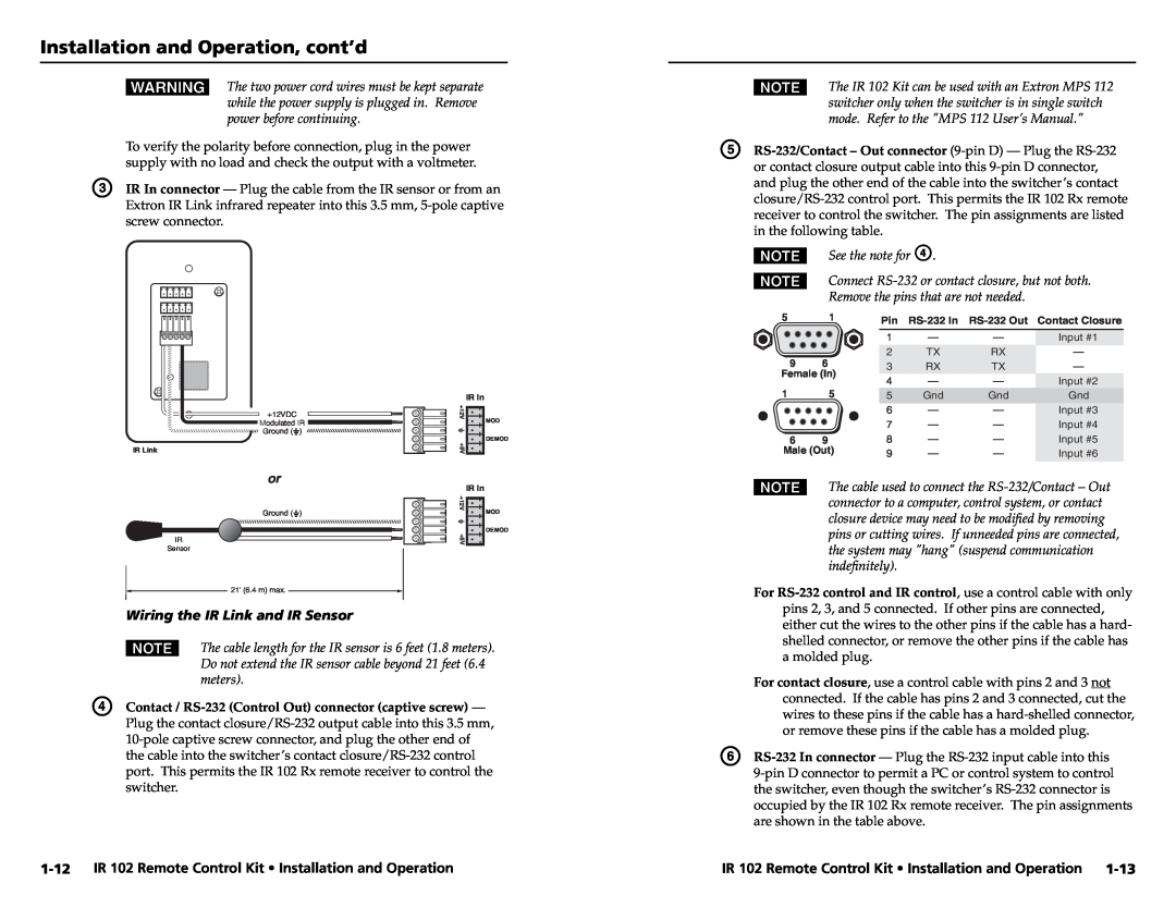 Extron electronic IR 102 user manual Installation and Operation, cont’d, Wiring the IR Link and IR Sensor 
