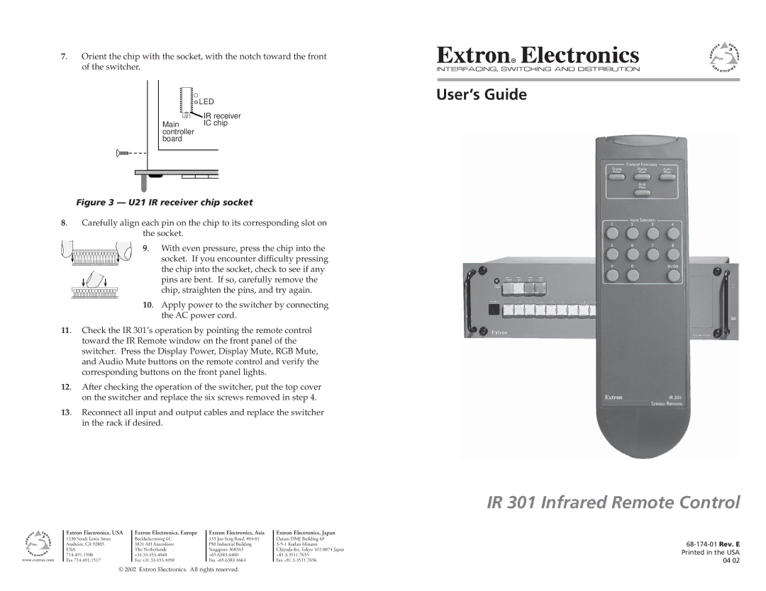 Extron electronic manual IR 301 Infrared Remote Control, User’s Guide, Usa 