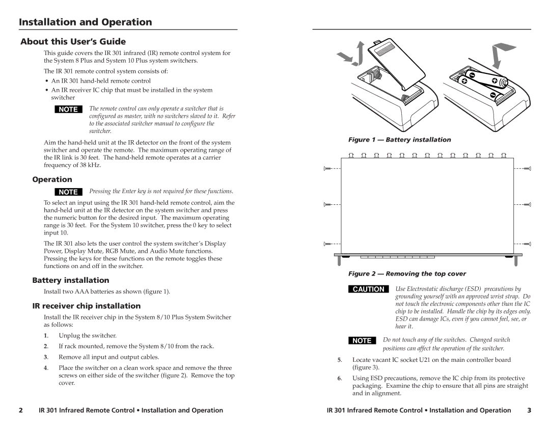 Extron electronic IR 301 manual Installation and Operation, About this User’s Guide, Battery installation 